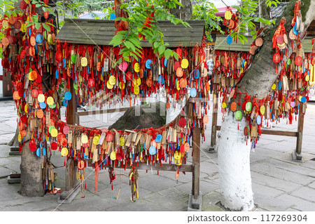 Popular bodhi wishing tree in Huanglongzi ancient town in Sichuan Chian with thousand of wishes. 117269304
