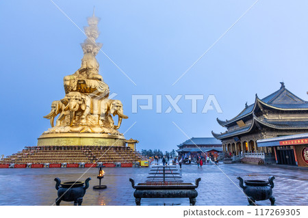 The Golden Summit at Mount Emei, Sichuan China with exquisite giant gold statue of Samantabhadra or Puxian Buddha is popular tourism landmark 117269305