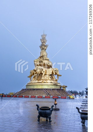 The Golden Summit at Mount Emei, Sichuan China with exquisite giant gold statue of Samantabhadra or Puxian Buddha is popular tourism landmark 117269306