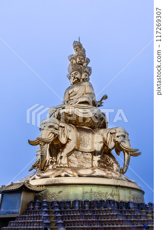 The Golden Summit at Mount Emei, Sichuan China with exquisite giant gold statue of Samantabhadra or Puxian Buddha is popular tourism landmark 117269307