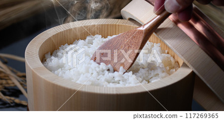 Freshly cooked rice in a rice cooker (black background) 117269365