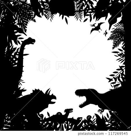 Tyrannosaurus and Triceratops: Silhouette frame of ancient plants and Cretaceous land dinosaurs (background) 117269545