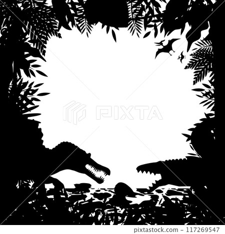 Spinosaurus and Mosasaurus: Silhouette frame of ancient plants and Cretaceous sea dinosaurs (background) 117269547