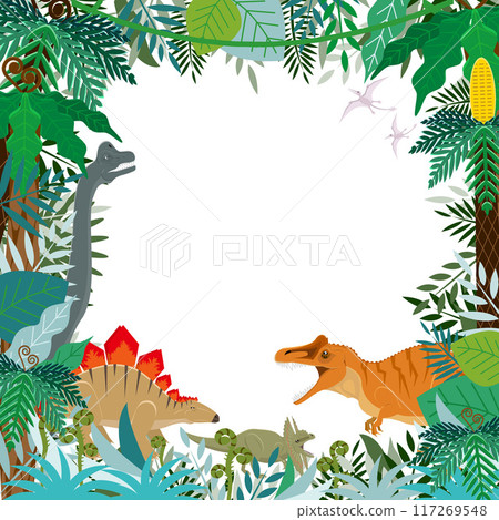 Allosaurus and Stegosaurus: Ancient plants and Jurassic land dinosaurs frame (background) 117269548