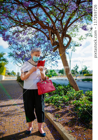 Elderly Lady in White Blouse and Black Trousers with Red Handbag Reads Phone on City Sidewalk by Jacaranda Tree. 117269726