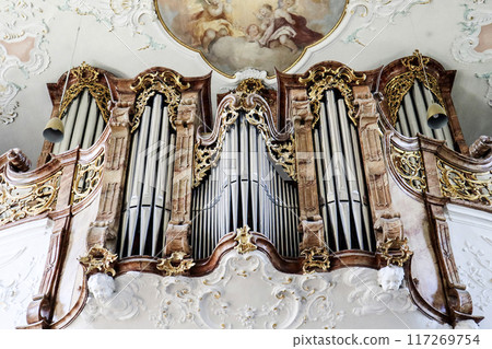 Church organ, parish church of Bregenz-St. Gallus in Bregenz, Austria on Lake Constance 117269754