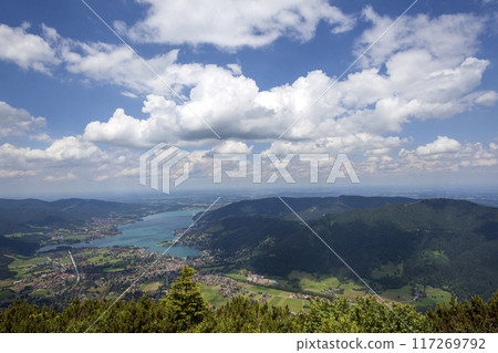View from Wallberg  mountain to lake Tegernsee, Bavaria, Germany 117269792