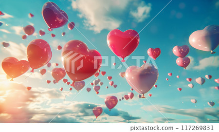 AI-generated image of many heart-shaped balloons soaring into the blue sky 117269831