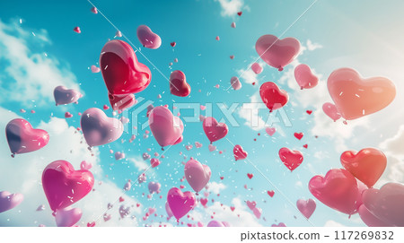 AI-generated image of many heart-shaped balloons soaring into the blue sky AI-generated image of many heart-shaped balloons soaring into the blue sky 117269832