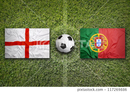 England vs. Portugal flags on soccer field England vs. Portugal flags on soccer field 117269886