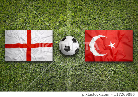 England vs. Turkey flags on soccer field England vs. Turkey flags on soccer field 117269896
