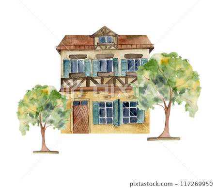 Old European city town street houses urban facades. Historical cityscape building, green trees. Watercolor hand drawn illustration. For tourist shops, souvenirs, travel brochures, architectural bureau 117269950