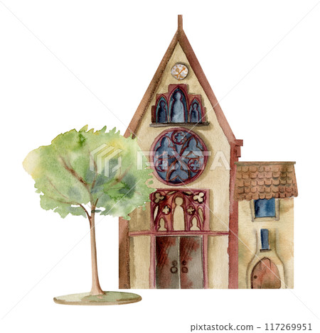 Old European city town street house church. Historical cityscape religious building, green trees. Watercolor hand drawn illustration. Tourist shops, souvenirs, travel brochures, architectural bureau Old European city town street house church. Historical cityscape religious building, green trees. Watercolor hand drawn illustration. Tourist shops, souvenirs, travel brochures, architectural bureau 117269951