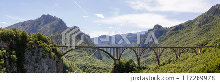 Aerial view on Djurdjevica arch bridge over the Tara River in northern Montenegro, Aerial view on Djurdjevica arch bridge over the Tara River in northern Montenegro, 117269978