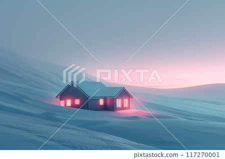 Minimalistic background of snowy mountains and mountain huts AI-generated image 117270001
