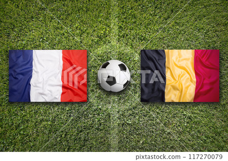France vs. Belgium flags on soccer field France vs. Belgium flags on soccer field 117270079