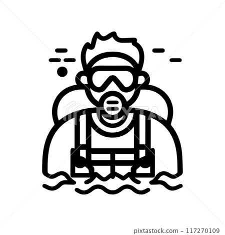 Scuba Diving icon or modern line symbol. Vector line art and icon design with bold outline. Black and white Pixel Perfect minimalistic symbol isolated white background. Silhouette simple thin sign Scuba Diving icon or modern line symbol. Vector line art and icon design with bold outline. Black and white Pixel Perfect minimalistic symbol isolated white background. Silhouette simple thin sign 117270109