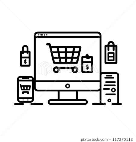 Online Shopping icon or modern line symbol. Vector line art and icon design with bold outline. Black and white Pixel Perfect minimalistic symbol isolated white background. Silhouette simple thin sign 117270118