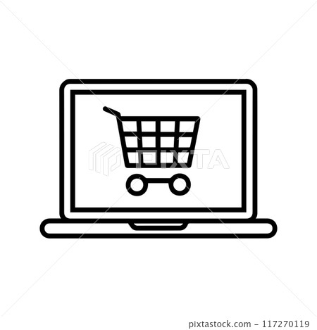 Online Shopping icon or modern line symbol. Vector line art and icon design with bold outline. Black and white Pixel Perfect minimalistic symbol isolated white background. Silhouette simple thin sign 117270119