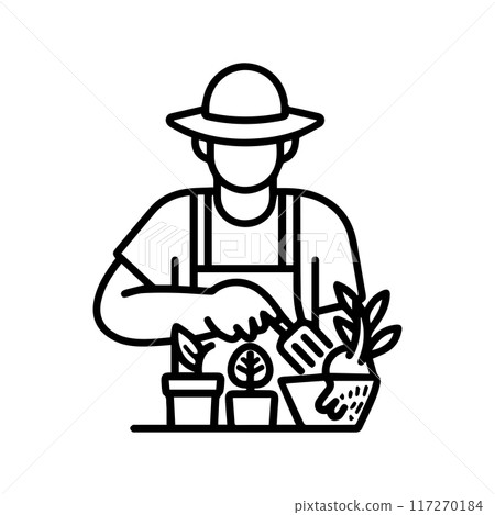 Gardener icon or modern line symbol. Vector line art and icon design with bold outline. Black and white Pixel Perfect minimalistic symbol isolated white background. Silhouette simple thin sign 117270184