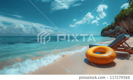 Blue beach chair and yellow rubber ring on the sand beach and sea with cloud and blue sky. Summer vacation and holiday 117270568