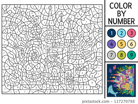 Vector mermaid color by number activity with cute sea palace, fish, dolphin. Marine landscape scene. Black and white counting game. Ocean kingdom coloring page for kids with underwater castle Vector mermaid color by number activity with cute sea palace, fish, dolphin. Marine landscape scene. Black and white counting game. Ocean kingdom coloring page for kids with underwater castle 117270788
