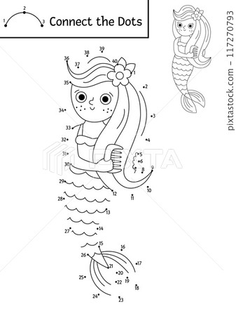 Vector dot-to-dot and color activity with cute mermaid combing her hair. Ocean kingdom connect the dots game with sea princess. Marine coloring page for kids. Underwater printable worksheet Vector dot-to-dot and color activity with cute mermaid combing her hair. Ocean kingdom connect the dots game with sea princess. Marine coloring page for kids. Underwater printable worksheet 117270793