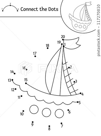 Vector mermaid dot-to-dot and color activity with cute ship. Ocean kingdom connect the dots game with water transport. Marine coloring page for kids. Underwater printable worksheet 117270810