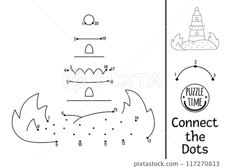 Vector mermaid dot-to-dot and color activity with cute lighthouse. Ocean kingdom connect the dots game with signal. Marine coloring page for kids. Underwater printable worksheet 117270813