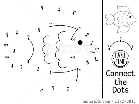 Vector mermaid dot-to-dot and color activity with cute fish. Ocean kingdom connect the dots game with water animal. Marine coloring page for kids. Underwater printable worksheet 117270815