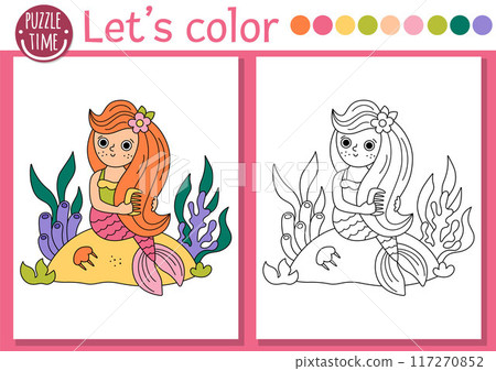 Mermaid coloring page for children with cute sea princess. Vector ocean kingdom outline illustration. Color book for kids with colored example. Underwater drawing skills printable worksheet 117270852