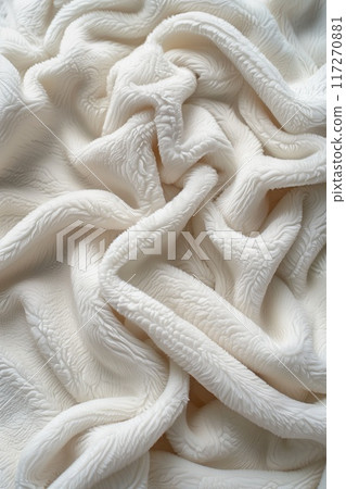 Close-up view of white fabric with intricate wavy pattern. Fabric folded in half revealing texture and structure. Simple gray background contrasts with vibrant white fabric. Close-up view of white fabric with intricate wavy pattern. Fabric folded in half revealing texture and structure. Simple gray background contrasts with vibrant white fabric. 117270881