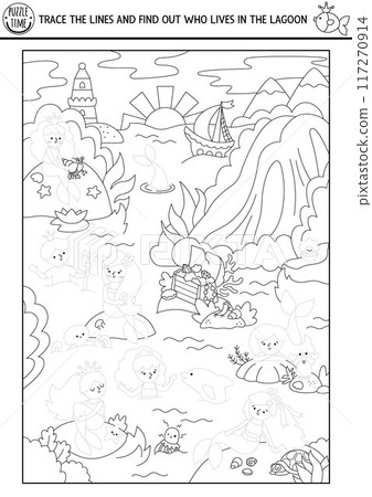 Join the dots to find out who lives in lagoon. Vector fairytale drawing, tracing practice worksheet with underwater kingdom landscape. Mermaid printable activity, coloring page for kids Join the dots to find out who lives in lagoon. Vector fairytale drawing, tracing practice worksheet with underwater kingdom landscape. Mermaid printable activity, coloring page for kids 117270914
