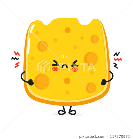 Cute angry Cheese character. Vector hand drawn cartoon kawaii character illustration icon. Isolated on white background. Sad Cheese character concept 117270973