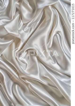 Close-up view of white fabric with intricate texture and patterns. Fabric possibly made of silk or satin material. Blurred background draws focus to fabric details. 117271015