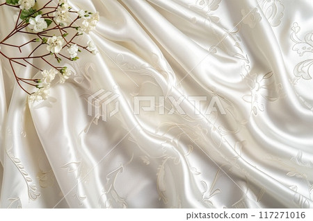 Wedding decoration fabric with floral pattern on gray surface. White fabric with intricate green and pink flowers. Bouquet of white flowers next to fabric. Elegant wedding decor inspiration. 117271016