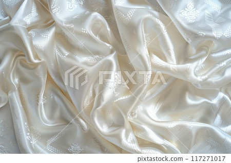 Close-up view of white fabric with subtle floral pattern. Fabric appears crumpled adding texture to smooth surface. Background blurred focusing on intricate details. 117271017