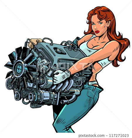 A woman with a car engine. Special promotions for drivers. Mandatory vehicle maintenance. A woman with a car engine. Special promotions for drivers. Mandatory vehicle maintenance. 117271023