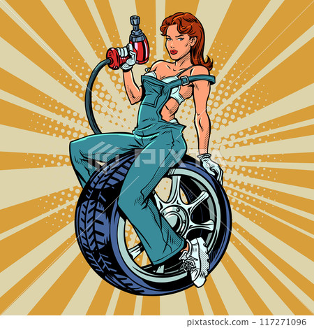 Pop Art Retro A woman in overalls is a tire mechanic for cars. Vehicle repair workshop. Replacing tires due to changing weather. 117271096