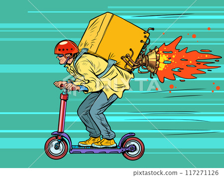 Pop Art Retro Male courier on a scooter with a jetpack. Fast and high-quality delivery anywhere. Incredible speed of transfer of goods to customers. 117271126