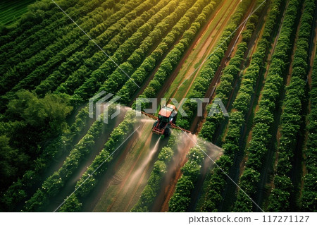 Aerial view of vast agricultural field with red tractor spraying water across green crops. Rows of trees provide natural contrast to man-made machinery and activity in the field. 117271127