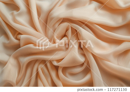 Soft beige fabric with intricate texture, folded to inner layers. Fabric appears smooth, natural, with subtle creases adding depth. Focuses attention on fabric unique pattern. 117271130