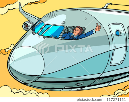 Pop Art Retro The pilot shows a thumbs up from the airplane cockpit. Safe and comfortable travel. Professional in his field, studying to become a pilot. Pop Art Retro The pilot shows a thumbs up from the airplane cockpit. Safe and comfortable travel. Professional in his field, studying to become a pilot. 117271131