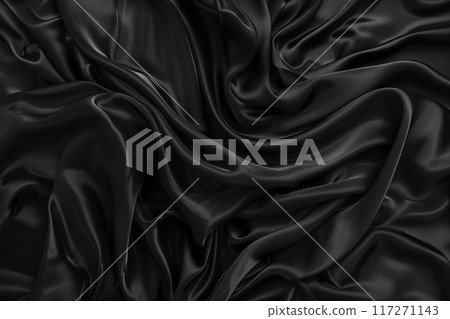 Black fabric texture close-up. Slightly wrinkled smooth surface. Grid-like pattern in green and black shades. Synthetic material possibly polyester. Blurred background creates depth. 117271143