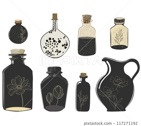 時尚復古的玻璃瓶、花瓶和獨特的陶器可與您的室內裝潢融為一體。 時尚復古的玻璃瓶、花瓶和獨特的陶器可與您的室內裝潢融為一體。 117271192