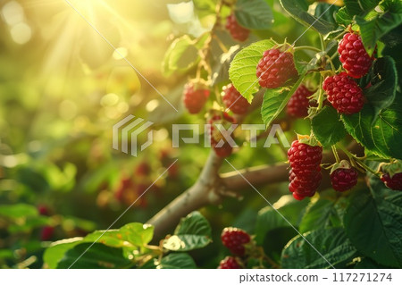 Serene garden with vibrant red berries, green foliage. Sky visible through gaps in leaves, sense of openness and tranquility. Eco-friendly, nature-inspired, wellness. 117271274