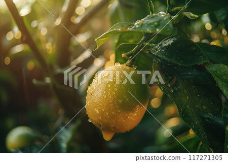 Lemon tree branch with ripe yellow fruit surrounded by green leaves. Outdoor setting with blurred landscape of trees and foliage in garden. Close-up shot of lemon plant with lush greenery around it. Lemon tree branch with ripe yellow fruit surrounded by green leaves. Outdoor setting with blurred landscape of trees and foliage in garden. Close-up shot of lemon plant with lush greenery around it. 117271305