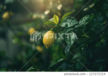Vibrant lemon tree in full bloom with green leaves, single yellow lemon. Close-up shot of garden scene with blurred background. Suitable for food, nature, lifestyle photography. 117271314