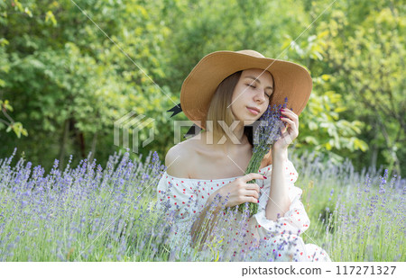 Young  woman picking lavender flowers 117271327