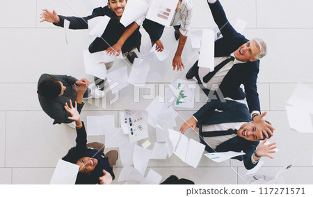 We achieved the goal. Aerial shot of a diverse group of businesspeople throwing paperwork in the air in celebration while in the office. We achieved the goal. Aerial shot of a diverse group of businesspeople throwing paperwork in the air in celebration while in the office. 117271571